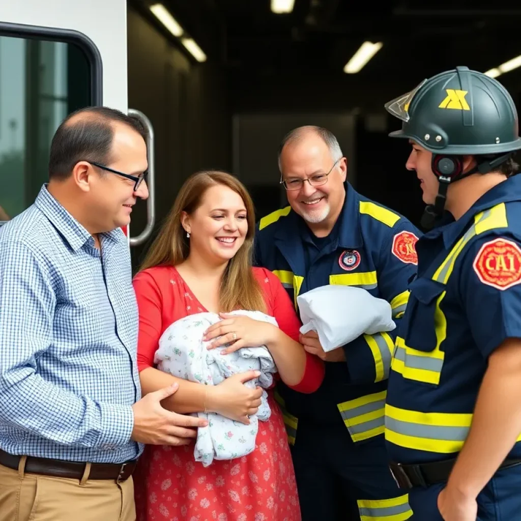 Family expressing gratitude to EMTs after an emergency delivery