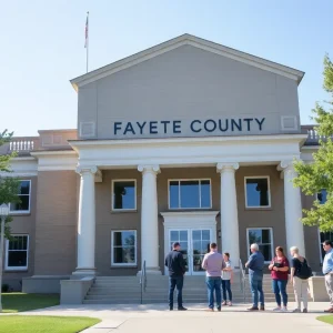 Exterior view of the Fayette County fiscal court building with people discussing tax issues.
