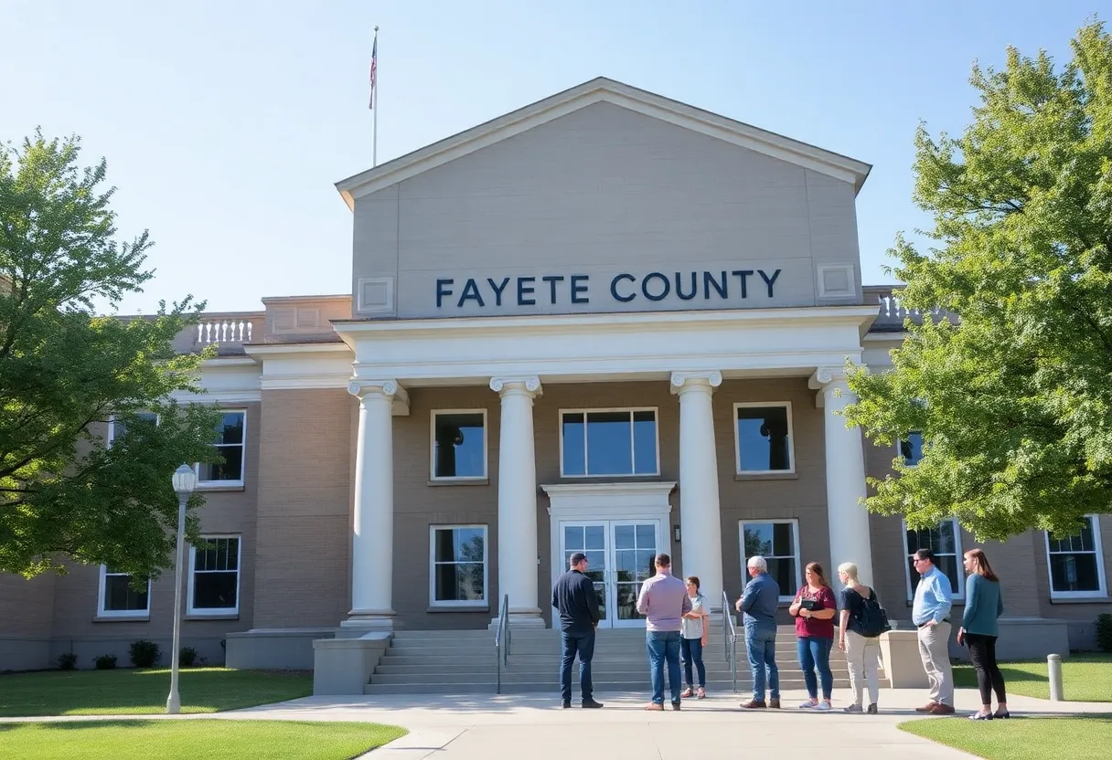 Exterior view of the Fayette County fiscal court building with people discussing tax issues.