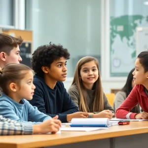 Students and officials discussing school budget in a meeting