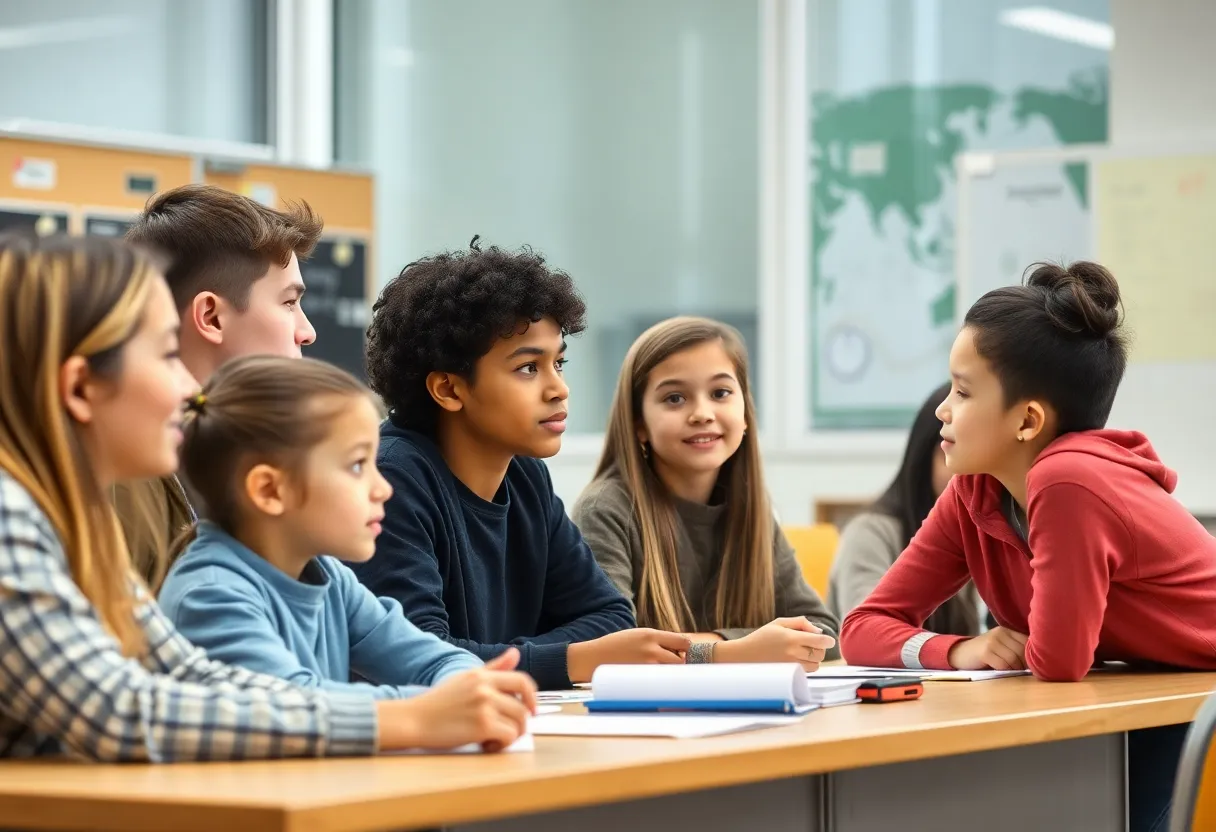 Students and officials discussing school budget in a meeting