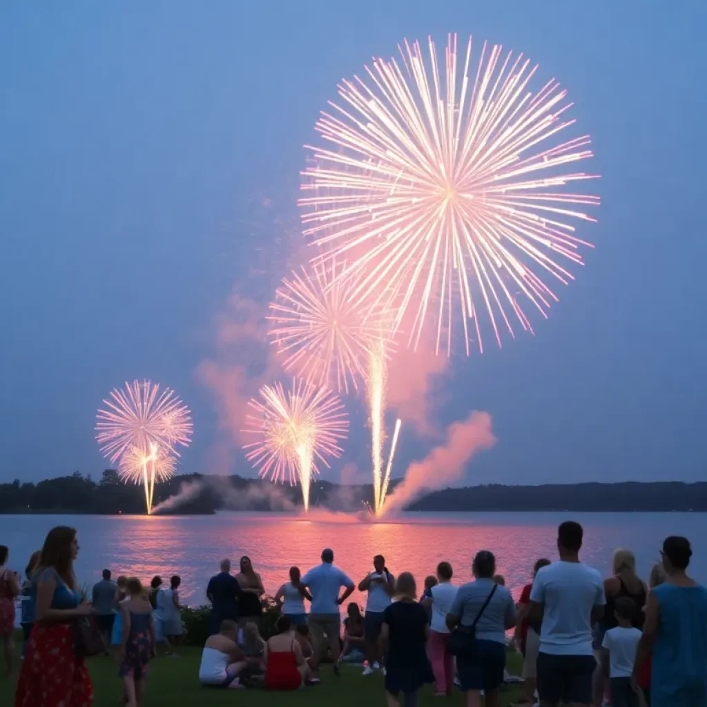 Fireworks exploding in the night sky over a lake with spectators.
