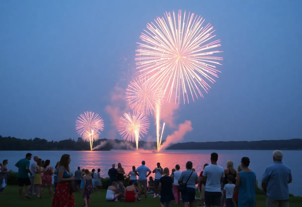 Fireworks exploding in the night sky over a lake with spectators.