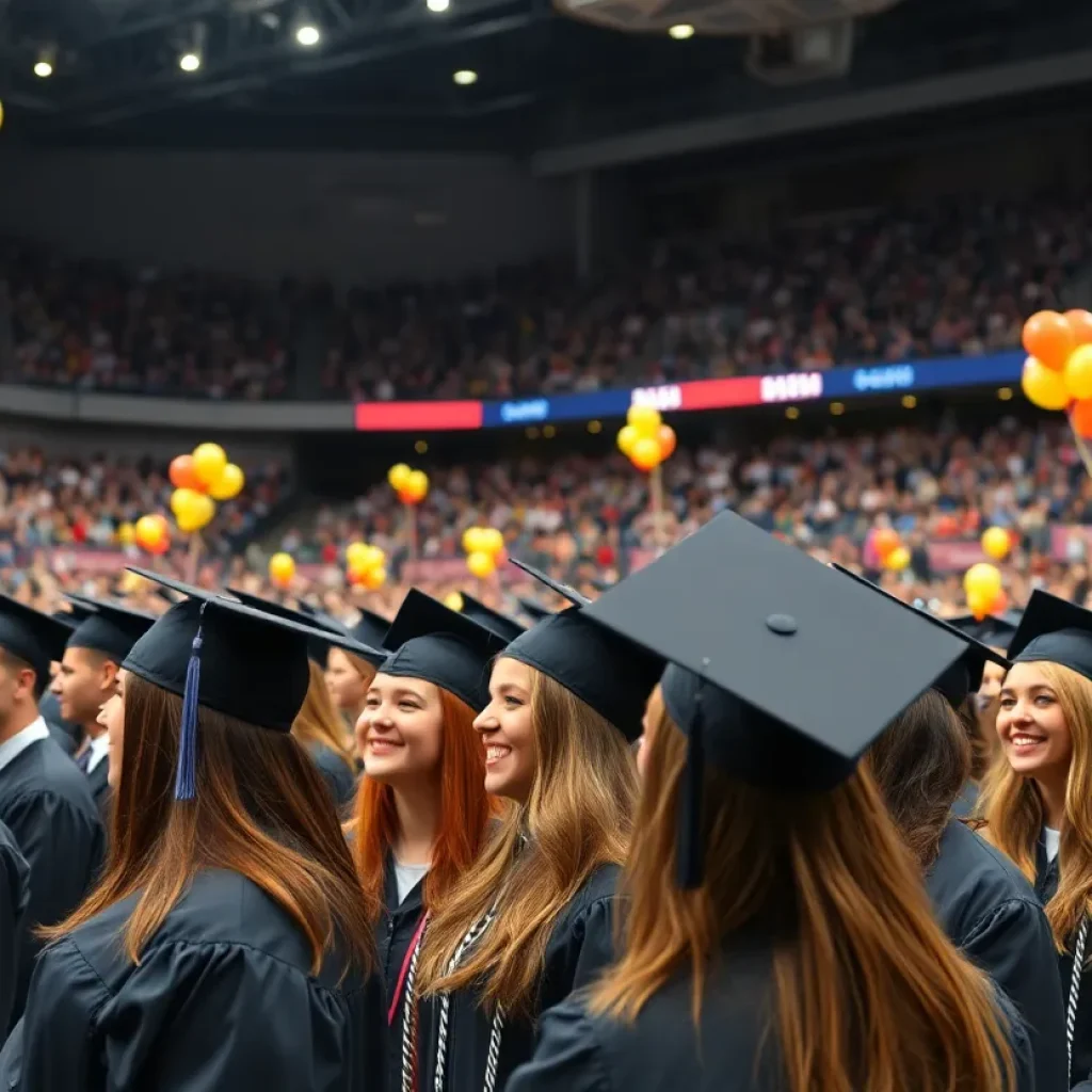 Graduating students at Rupp Arena celebrating with friends and family