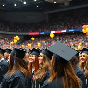 Graduating students at Rupp Arena celebrating with friends and family