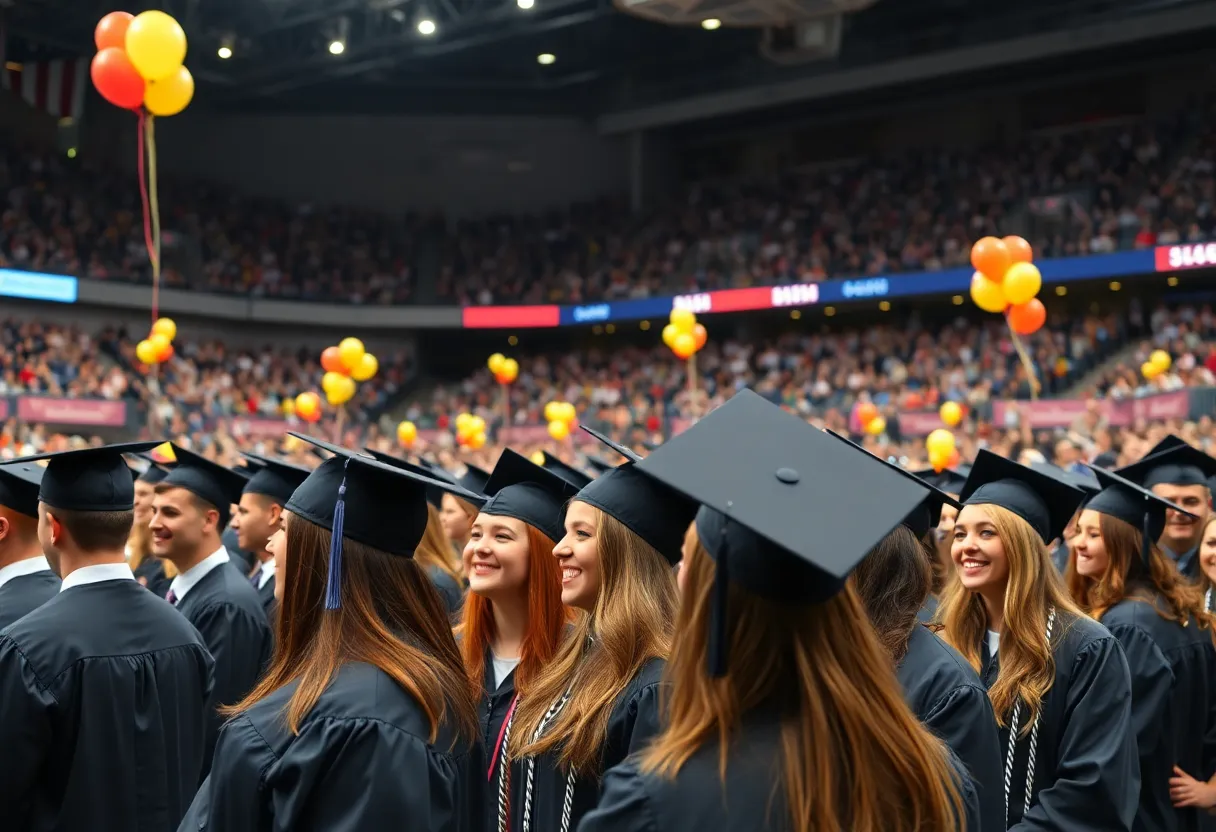 Graduating students at Rupp Arena celebrating with friends and family