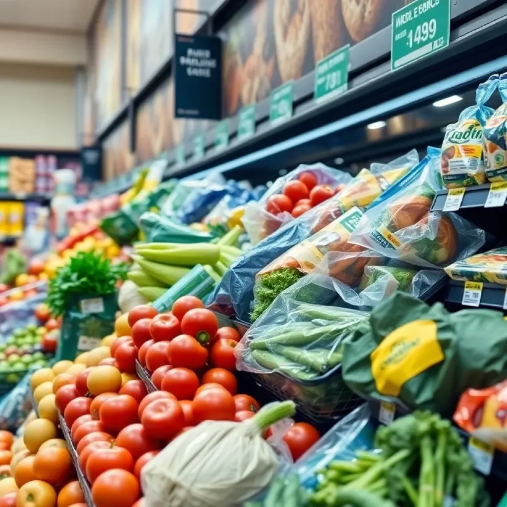 Display of grocery items with price tags reflecting increases