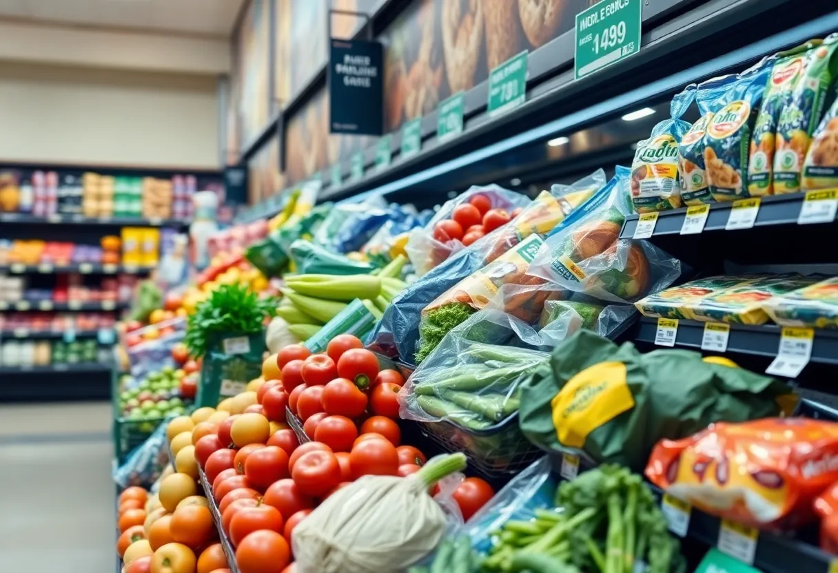 Display of grocery items with price tags reflecting increases