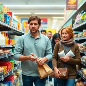 Shoppers in grocery store aisles facing rising prices