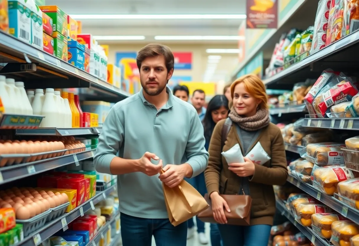 Shoppers in grocery store aisles facing rising prices