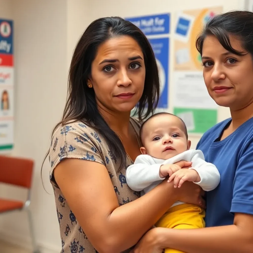 Mother and infant at a vaccination clinic.