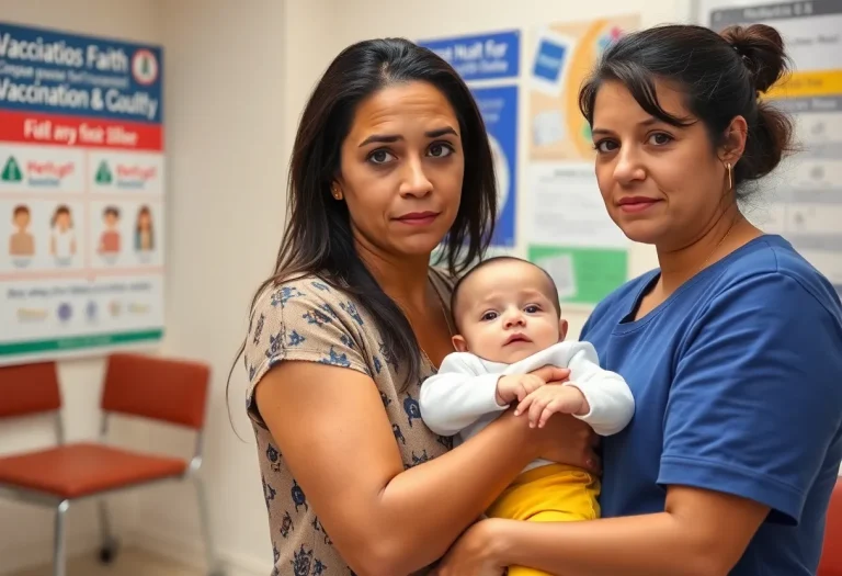 Mother and infant at a vaccination clinic.