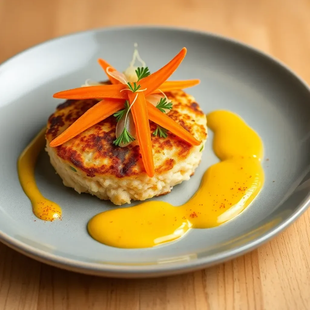 A beautifully presented Jumbo Lump Crab Cake garnished with carrots and fennel on a fine dining plate.
