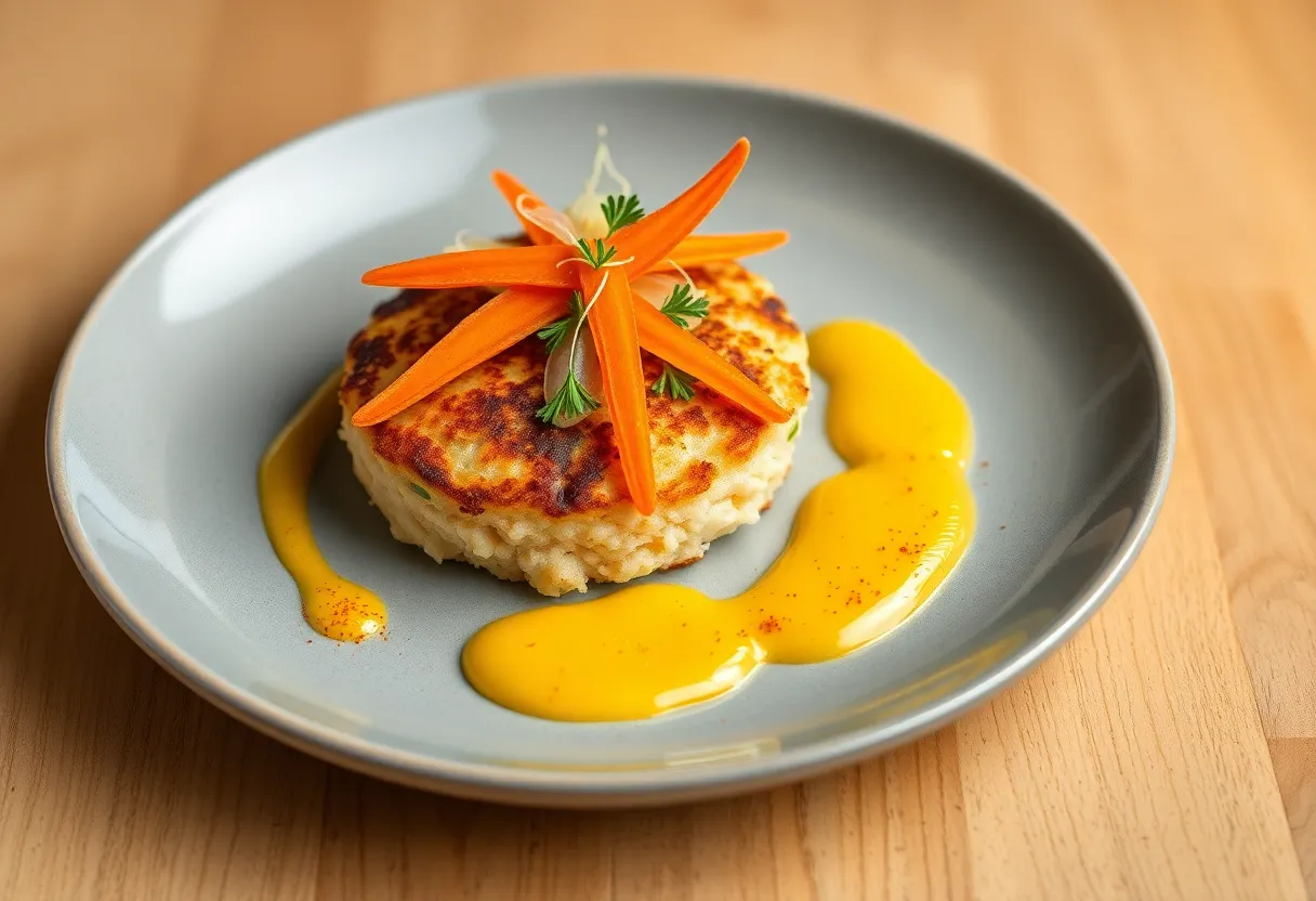 A beautifully presented Jumbo Lump Crab Cake garnished with carrots and fennel on a fine dining plate.