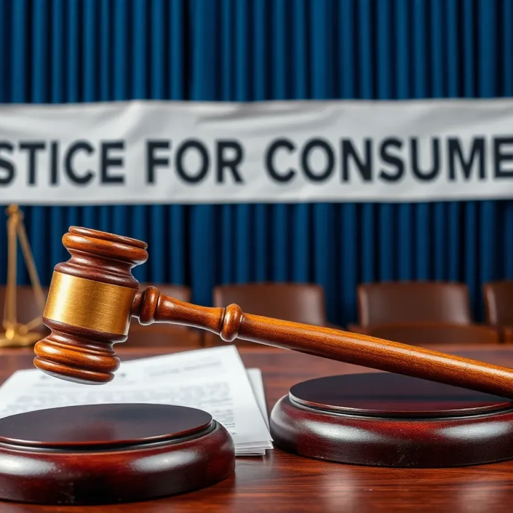 Courtroom scene depicting justice for consumers affected by Lexington Blue