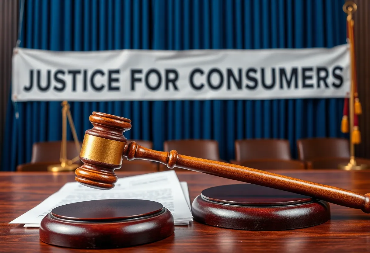 Courtroom scene depicting justice for consumers affected by Lexington Blue