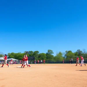 Collegiate softball players practicing on the field