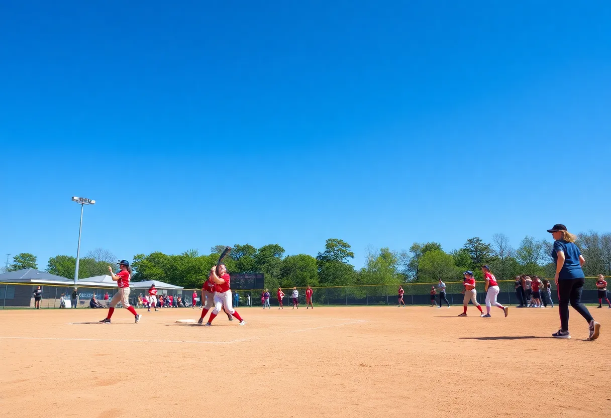 Collegiate softball players practicing on the field