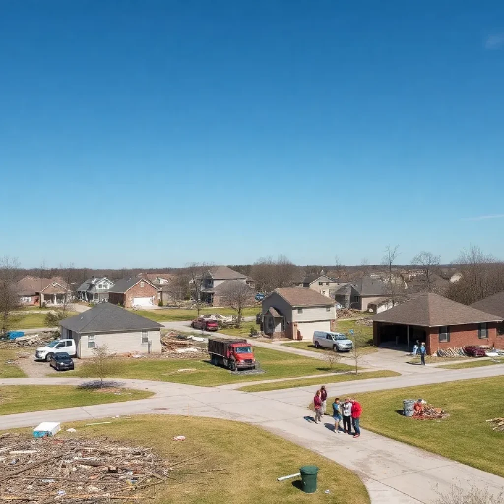 View of tornado damage in Kentucky with volunteers cleaning up debris