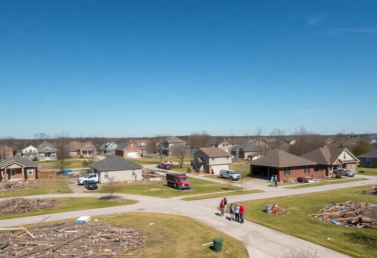 View of tornado damage in Kentucky with volunteers cleaning up debris