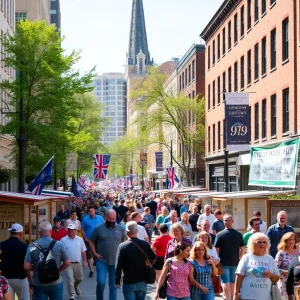 Crowd celebrating the 250th anniversary of Lexington with historical exhibits.