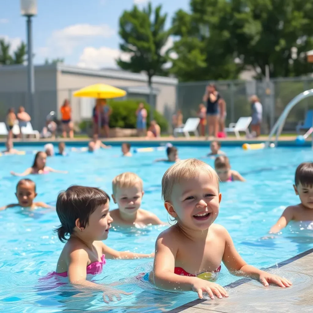 Families enjoying a sunny day at an aquatic center in Lexington, focusing on water safety.