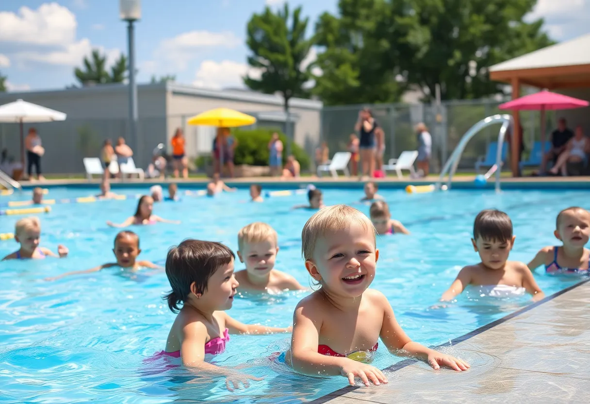 Families enjoying a sunny day at an aquatic center in Lexington, focusing on water safety.