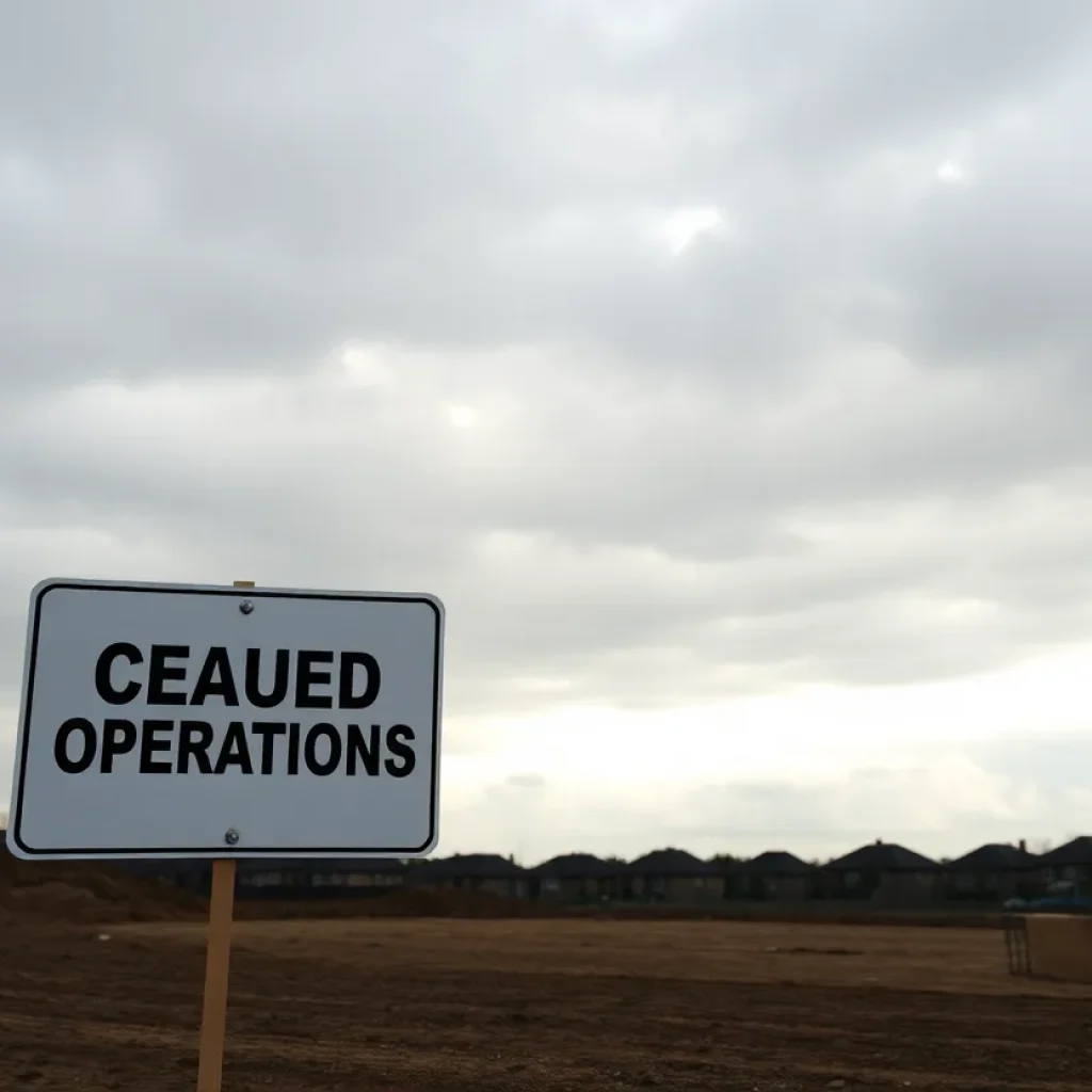 Construction site with a sign indicating halted operations