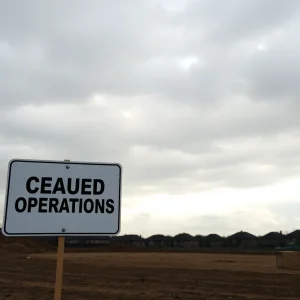 Construction site with a sign indicating halted operations