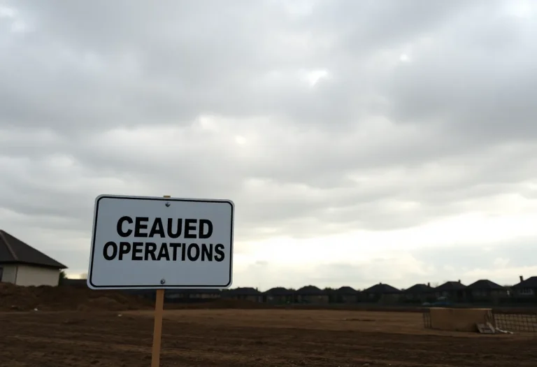 Construction site with a sign indicating halted operations