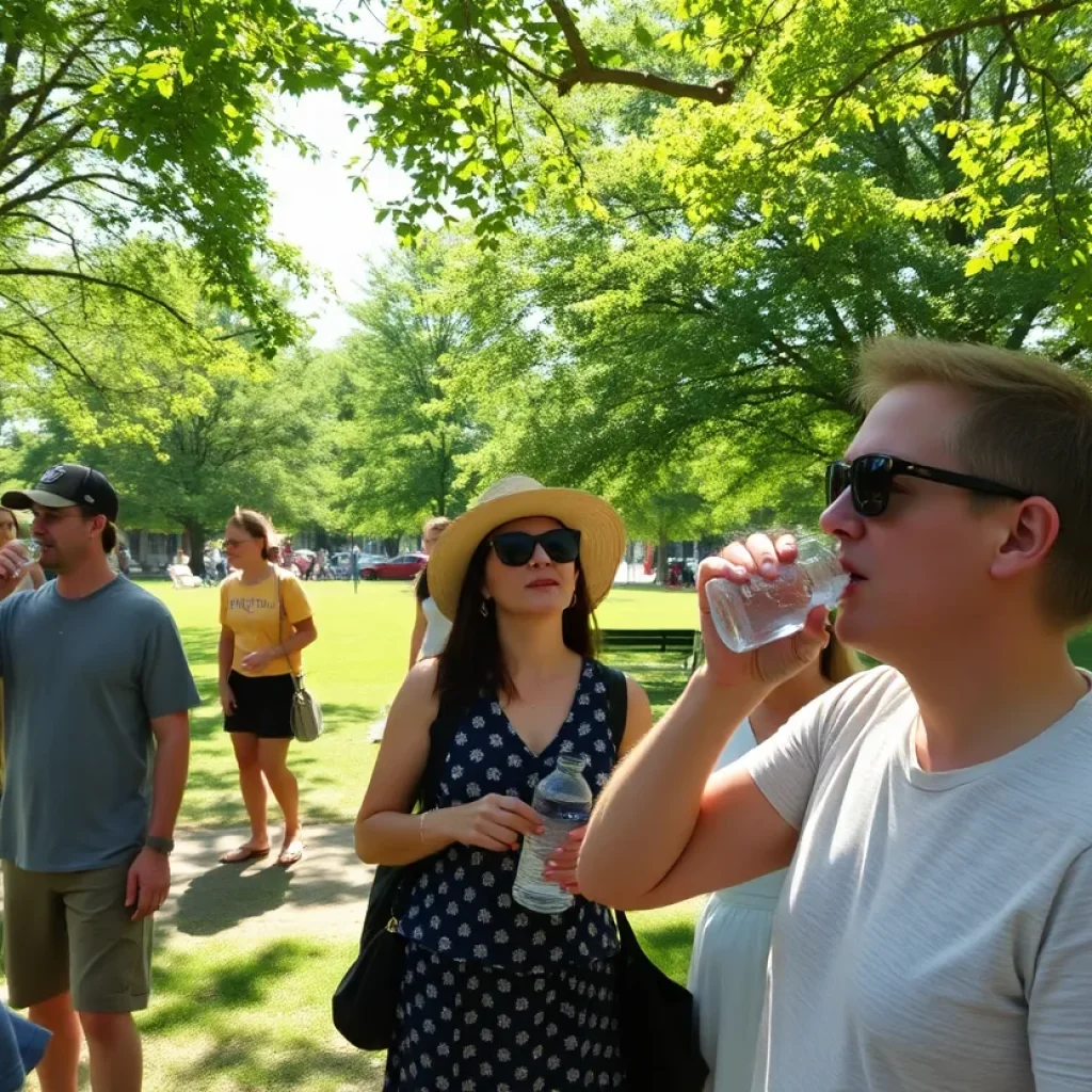 A hot day in Lexington featuring people staying cool under trees.