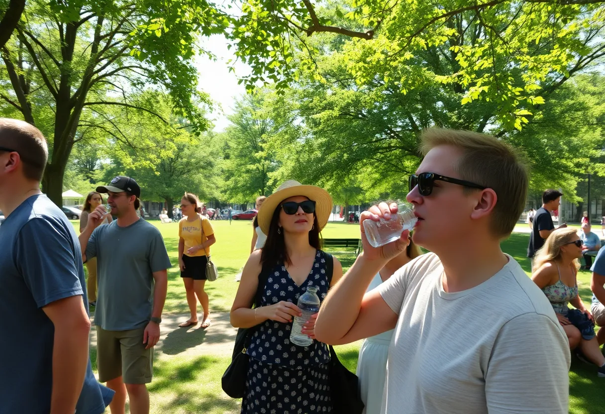 A hot day in Lexington featuring people staying cool under trees.