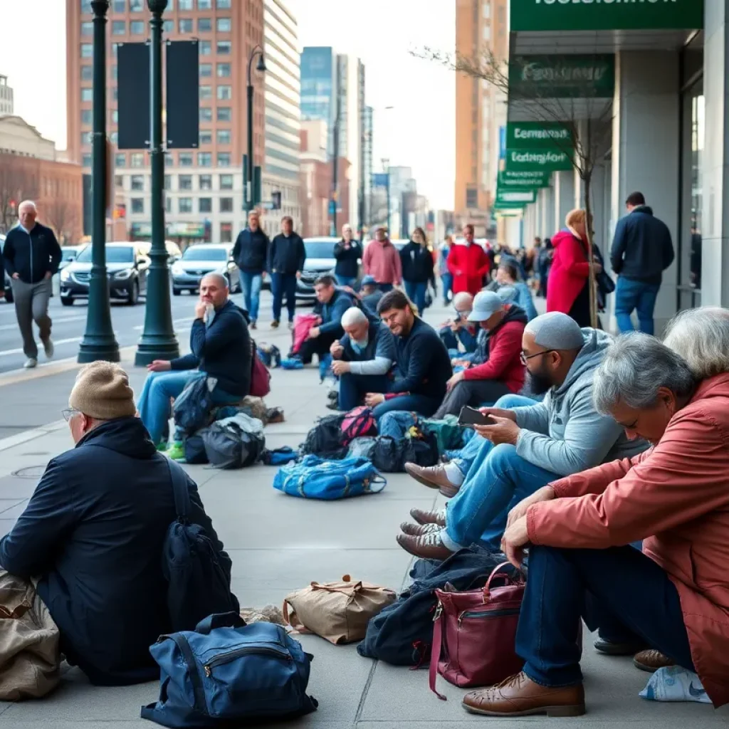Scene depicting homelessness in Lexington streets with individuals and belongings.
