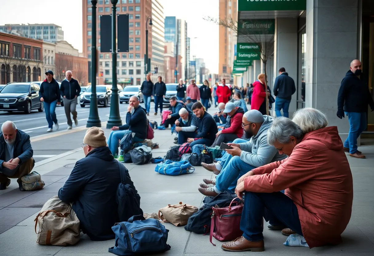 Scene depicting homelessness in Lexington streets with individuals and belongings.
