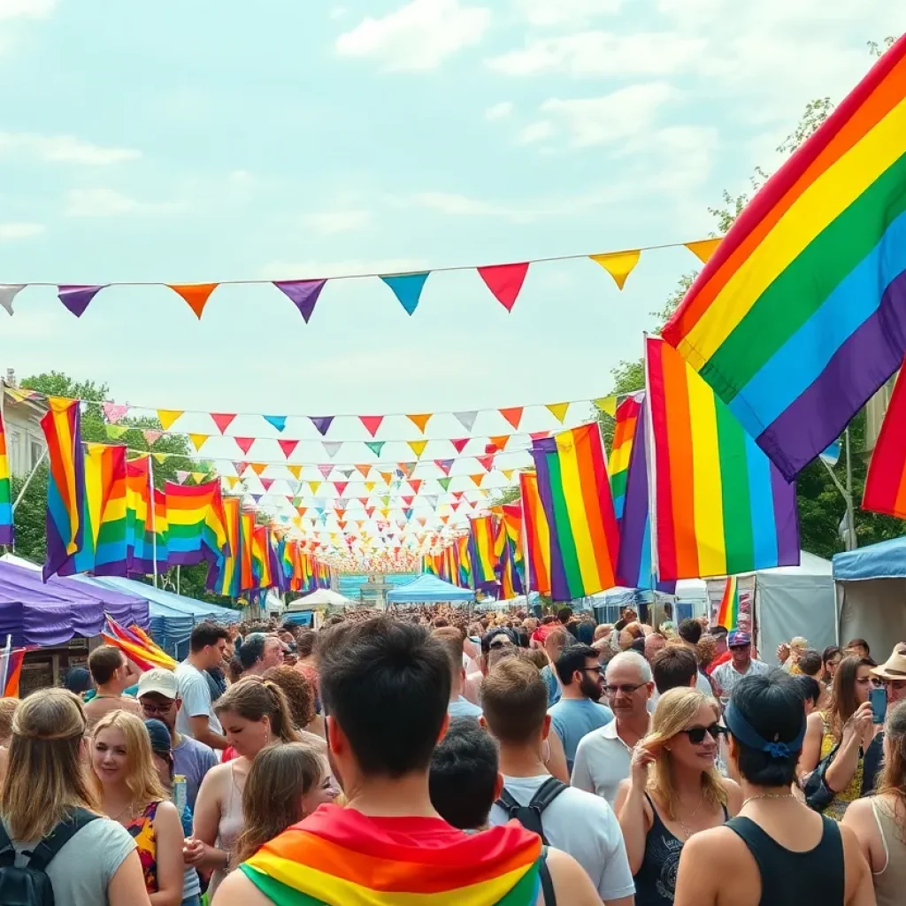 Crowd enjoying the Lexington Pride Festival with rainbow flags.