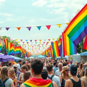 Crowd enjoying the Lexington Pride Festival with rainbow flags.