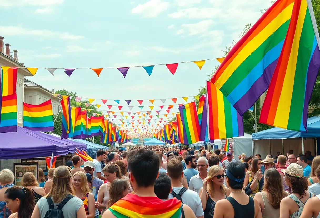 Crowd enjoying the Lexington Pride Festival with rainbow flags.