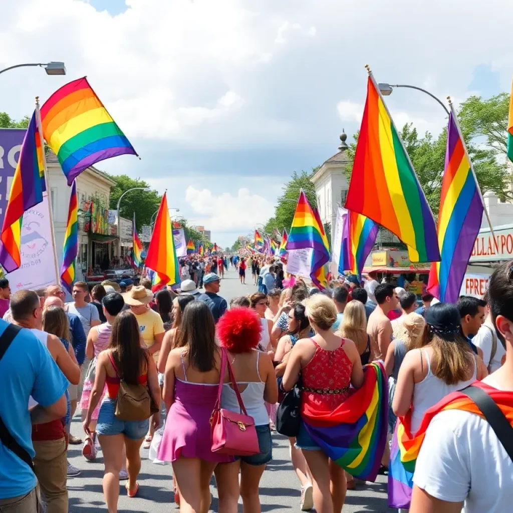 Crowd celebrating at the Lexington Pride Festival with rainbow flags.