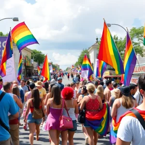 Crowd celebrating at the Lexington Pride Festival with rainbow flags.
