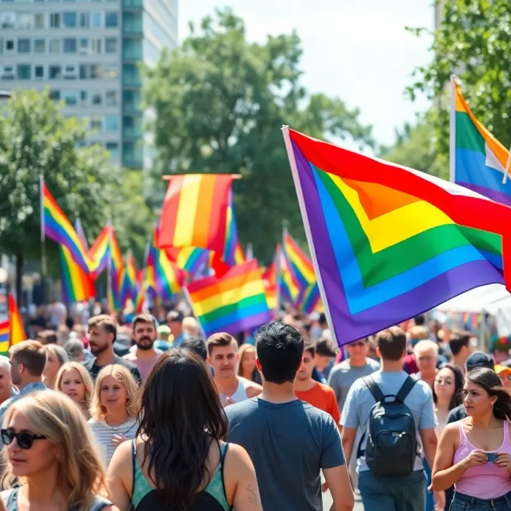 Large crowd celebrating at the Lexington Pride Parade with rainbow flags and colorful decorations.