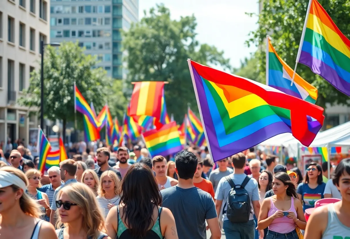 Large crowd celebrating at the Lexington Pride Parade with rainbow flags and colorful decorations.