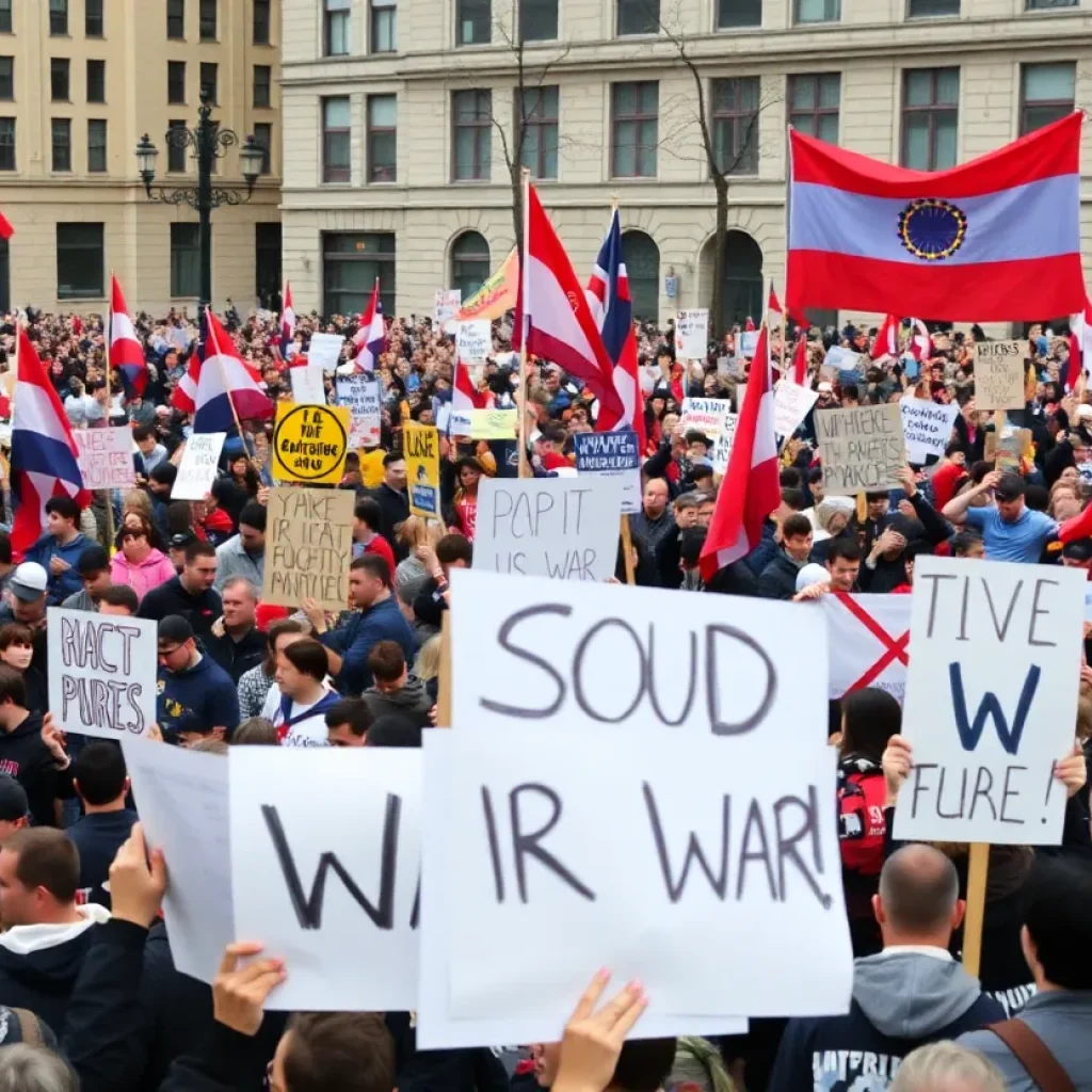 A crowd of protesters demonstrating against U.S. military actions.