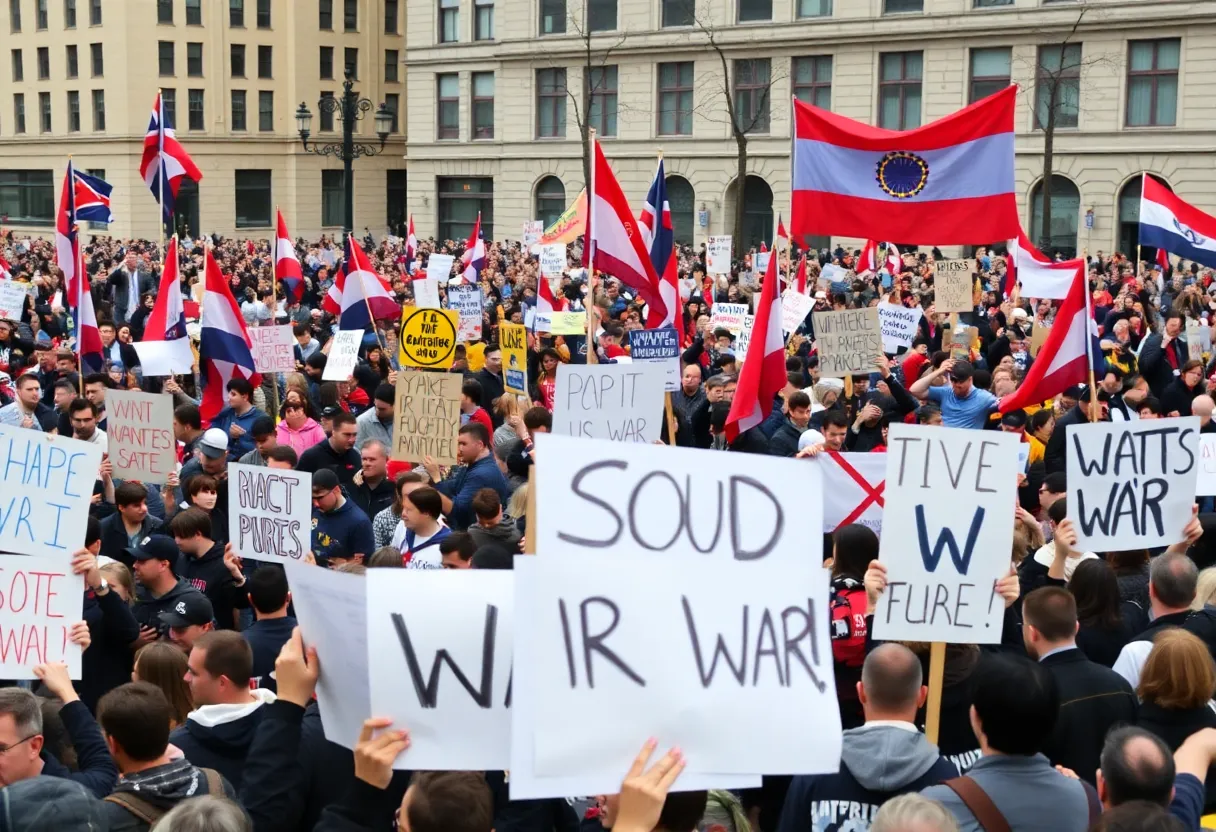 A crowd of protesters demonstrating against U.S. military actions.