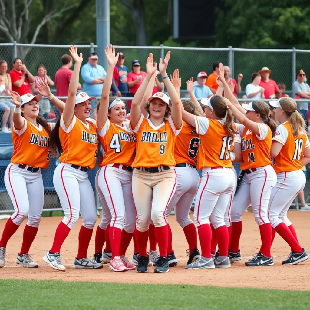 Celebration of young female softball players on the field