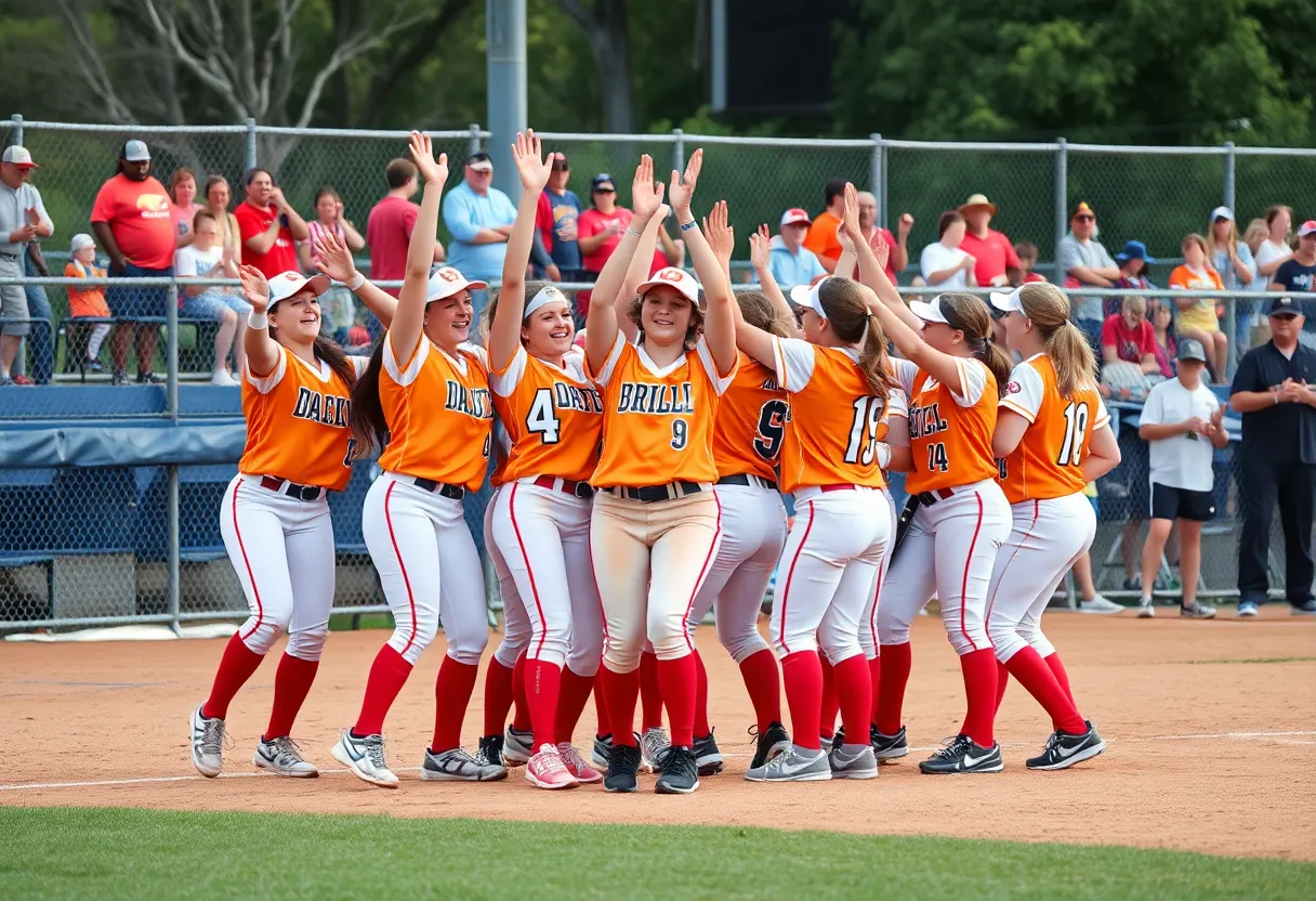 Celebration of young female softball players on the field