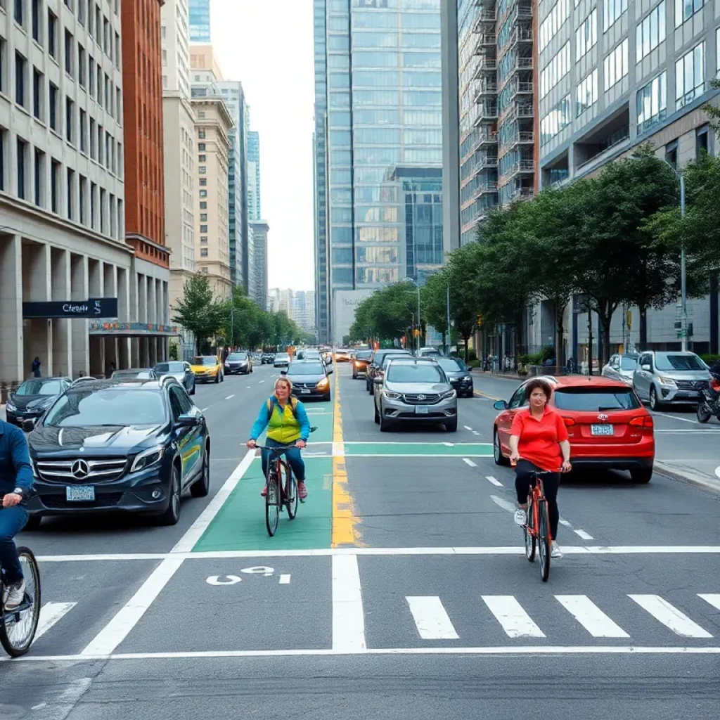 Pedestrians and cyclists navigating new traffic patterns on East High Street in Lexington.