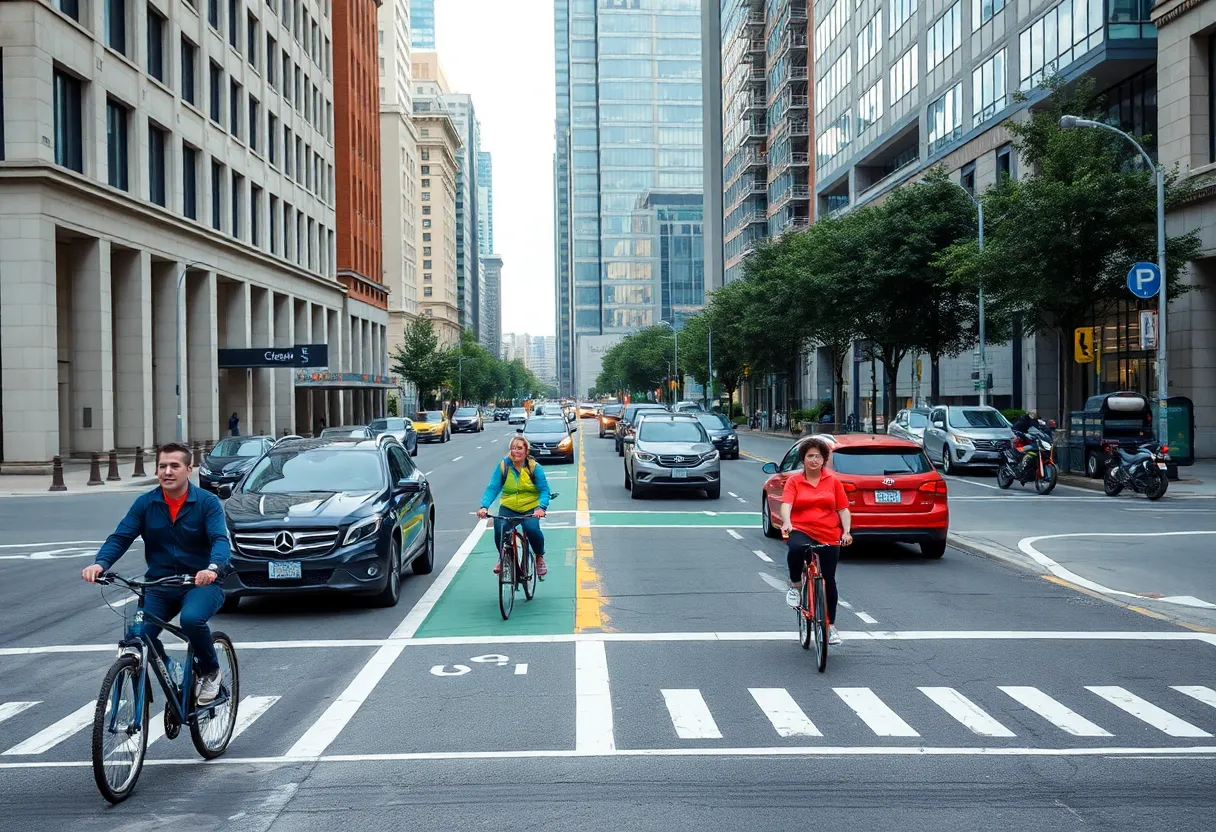 Pedestrians and cyclists navigating new traffic patterns on East High Street in Lexington.
