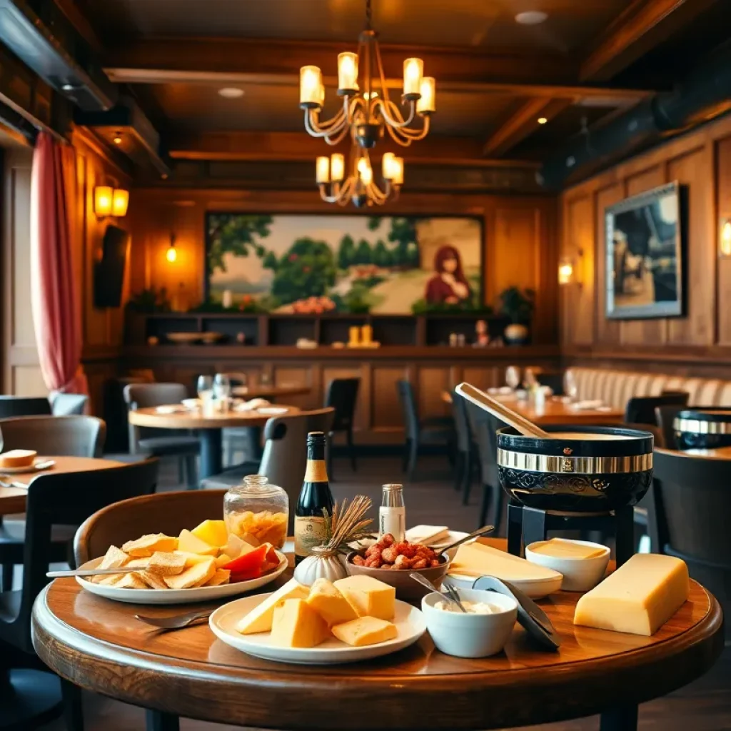 Interior of a fondue restaurant with tables and fondue pots