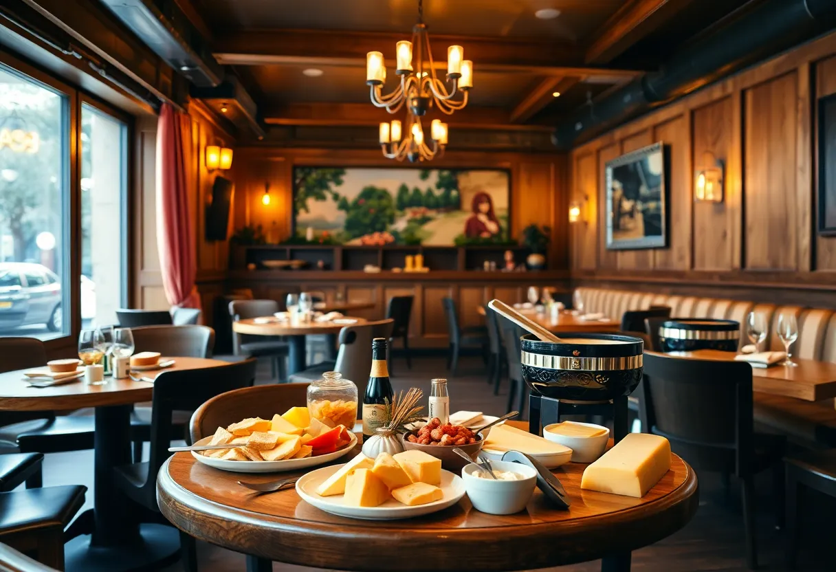 Interior of a fondue restaurant with tables and fondue pots