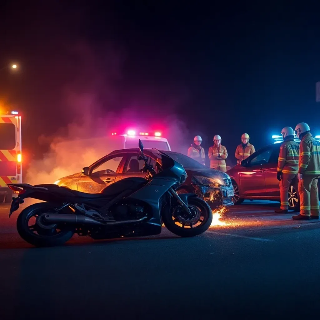 Scene of a motorcycle crash involving a car with emergency responders at the site.